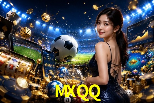 Una escena digital vívida inspirada en casino con MXQQ mostrado prominentemente, luces brillantes, fichas, cartas y acentos dorados.